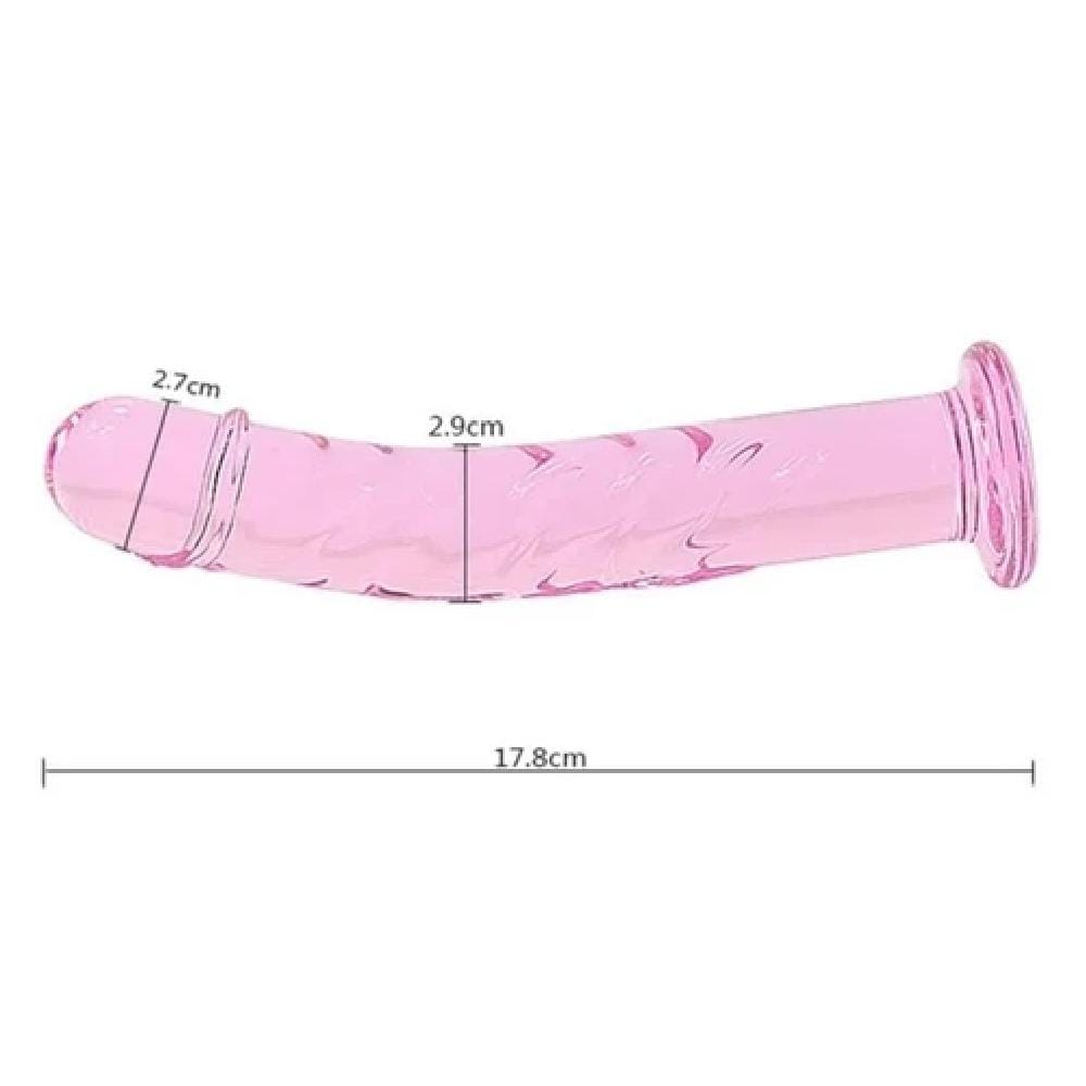 Glassy Bestie Crystal Pink Dildo Anal Sex Toy Female, 7 inches long and 1 inch wide, ideal for temperature play and safe for anal or vaginal use.