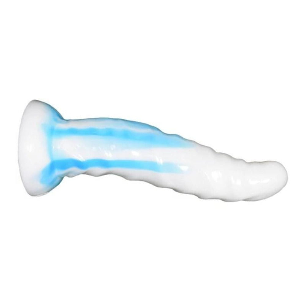 An illustration of Curved White & Blue Dragon Dildo, a dragon-themed anal plug designed for wild and pleasurable experiences, easy to clean and maintain.