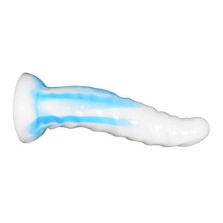 An illustration of Curved White & Blue Dragon Dildo, a dragon-themed anal plug designed for wild and pleasurable experiences, easy to clean and maintain.