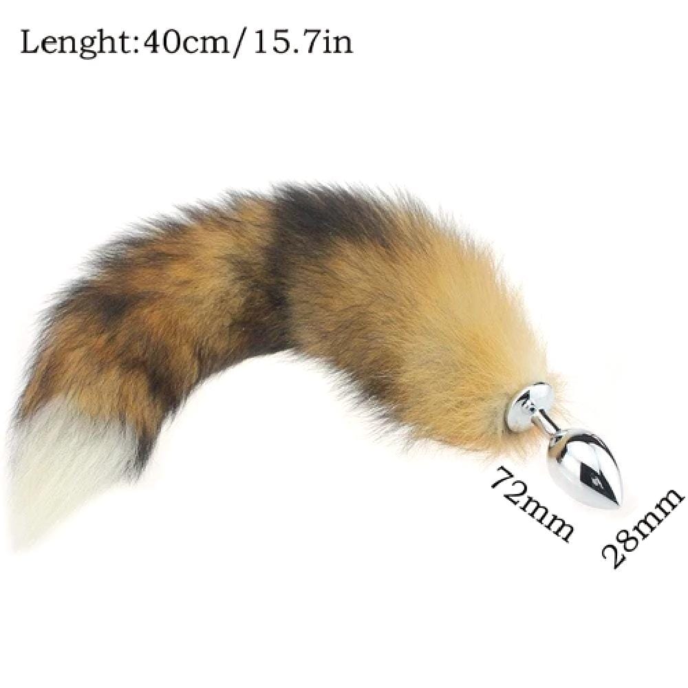 This is an image of Brown Faux Fur Metallic Cat Tail Fox Tail Plug with 2.83 Round Plug, 15 Inches Long