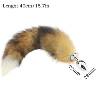 This is an image of Brown Faux Fur Metallic Cat Tail Fox Tail Plug with 2.83 Round Plug, 15 Inches Long