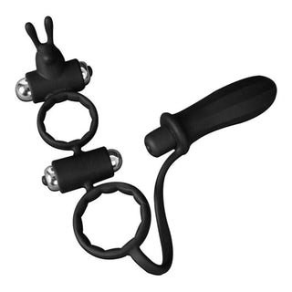Pictured here is an image of Pure Delight Cock Vibrating Ring With Anal Stimulator, a tool for enhancing stamina, prolonging climax, and stimulating prostate for an unforgettable experience.