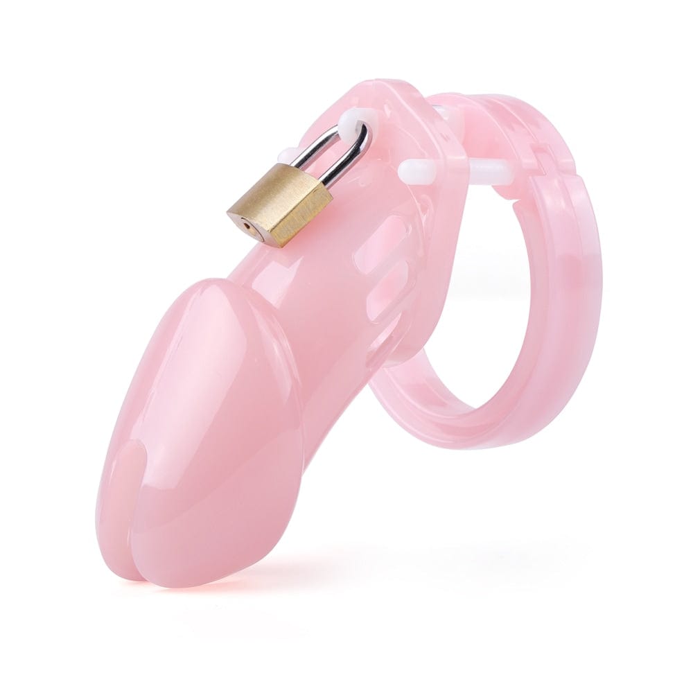 Displaying an image of the Pink Plastic Small Clitty Cage transforming your cock into a cute clitty for a feminine fantasy experience.