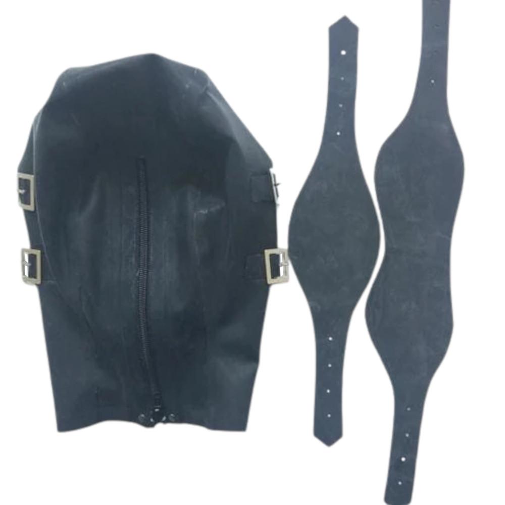 Image of a glossy black latex bondage hood, perfect for indulging in BDSM fantasies.