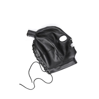 Presenting an image of Leather Mask With Ponytail in black color and synthetic leather material.