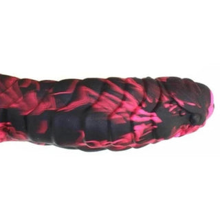 Displaying an image of the Scaly Suction Cup Dildo in black with red accents, designed for intense pleasure and unforgettable orgasms.