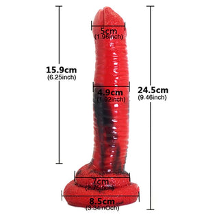 Image of Ferocious Red Animal Knotted Sex Toy - A horse dildo in vibrant red and black, 11.22 inches total length with 10.83 inches insertable length.