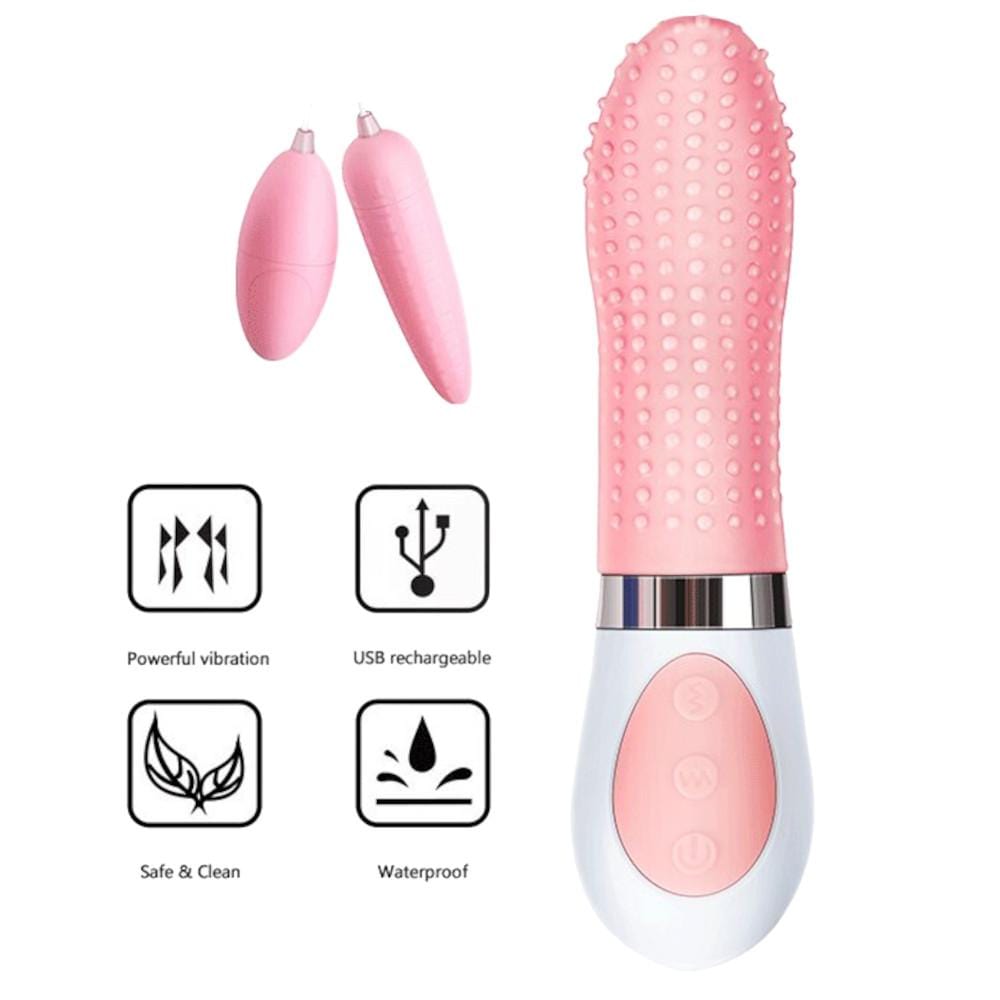 Take a look at an image of Dotted Tongue Vibrating Kegel Balls, a waterproof toy with ten vibration modes for solo or partnered play.