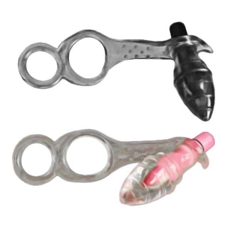 This is an image of Dual Choke Ring With Anal Stimulator in Clear Hourglass-Shaped Plug with Pink Bullet variant