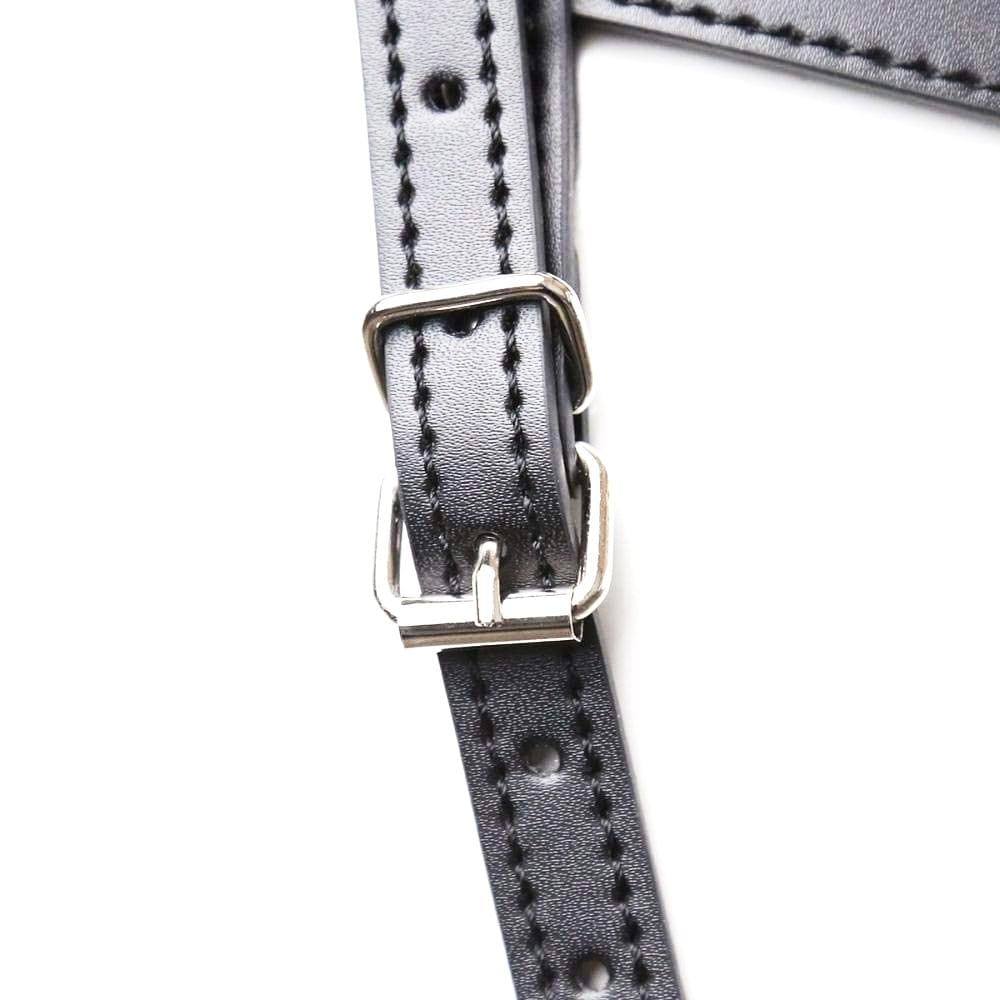 In the photograph, you can see an image of Leather Strap on Cock Ring Harness highlighting its versatile fit and easy maintenance.
