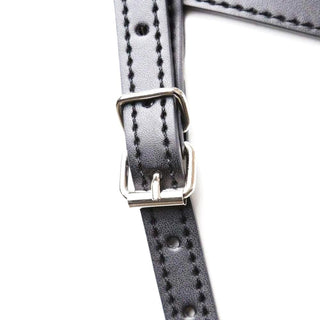 In the photograph, you can see an image of Leather Strap on Cock Ring Harness highlighting its versatile fit and easy maintenance.
