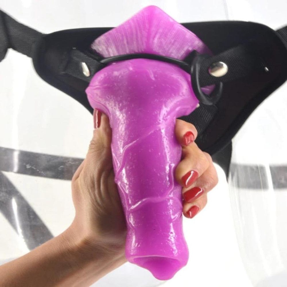 A visual representation of the Luscious Wolf Dong Animal Knotted Dildo With Strap On Set, made of flexible PVC material in a purple color.