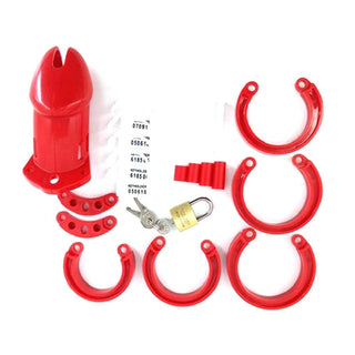 A picture of a red plastic chastity cage designed for submission and control