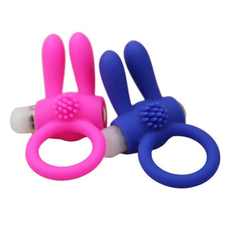 You are looking at an image of Stylish Vibrating Bunny Cock Ring in dark blue color made of medical-grade silicone.