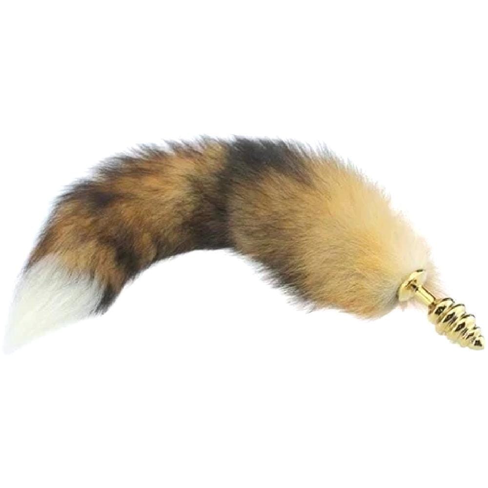 Displaying an image of Brown Faux Fur Metallic Cat Tail Fox Tail Plug with 2.87 Ribbed Plug, 15 Inches Long