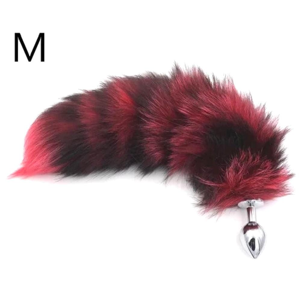 A visual representation of the adjustable sizes of the Black and Red Stripes Cat Tail Metallic Tail.