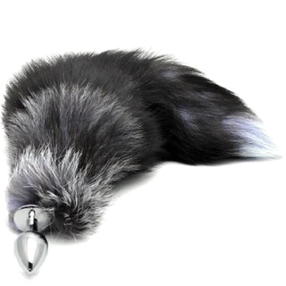 This is an image of the Foxy Gray Ash Fox Tail 17 Inches Long Plug, designed for safety with a flared base and body-safe materials.