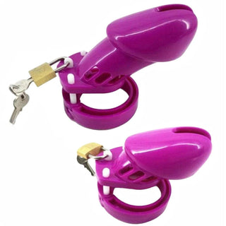 Observe an image of Lady Pecker Plastic Device with small cage dimensions of 1.96 length and 1.32 diameter.