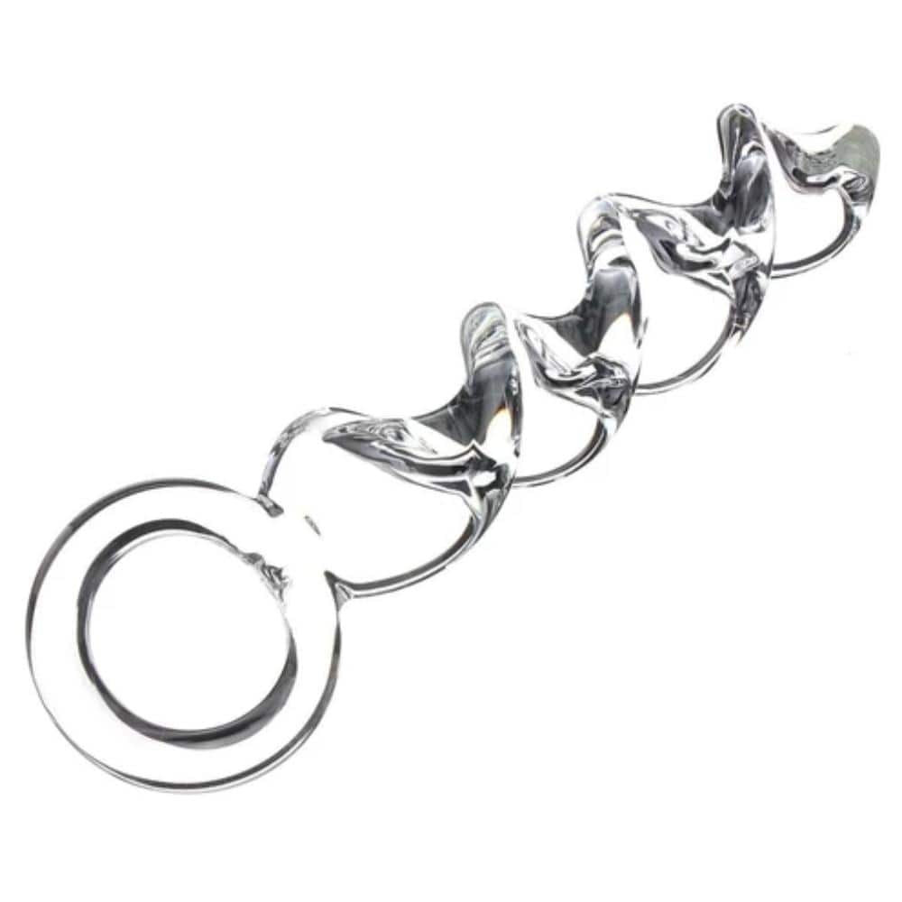 You are looking at an image of Spiral Ribbed Crystal Massager Clear Dildo with a ring handle for easy push, pull, or twist motions for maximum pleasure.