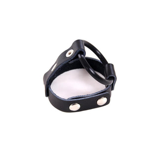 Feast your eyes on an image of the black Erection Bondage Sex Toy Ring with adjustable leather strap and stretchable silicone ring.