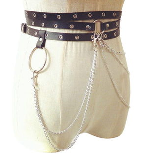 Pictured here is an image of Leather Chains BDSM Belt Strap in coffee color with rivets and O-rings for a gothic aesthetic.