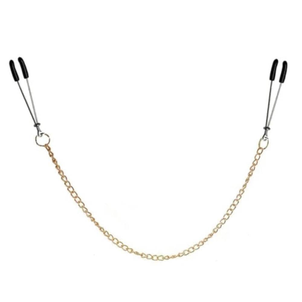 This is an image of Gold Chained Tweezer Nipple Clamps in gold, silver, and black colors for variety.