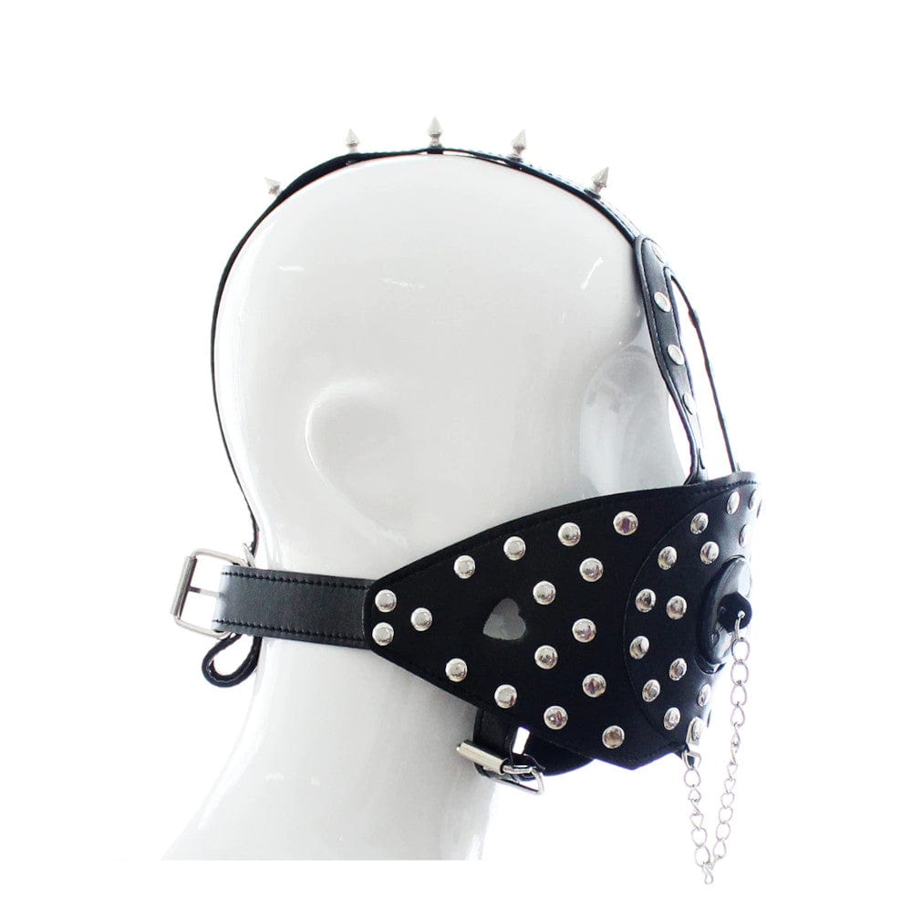 Pictured here is an image of the Studded Gothic Face Muzzle crafted for comfort and functionality in BDSM sessions.