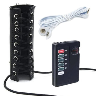 Pictured here is an image of Leather Sleeve Penis Electro Torture Instrument showcasing the compact design and steel studs for shock-based stimulation.
