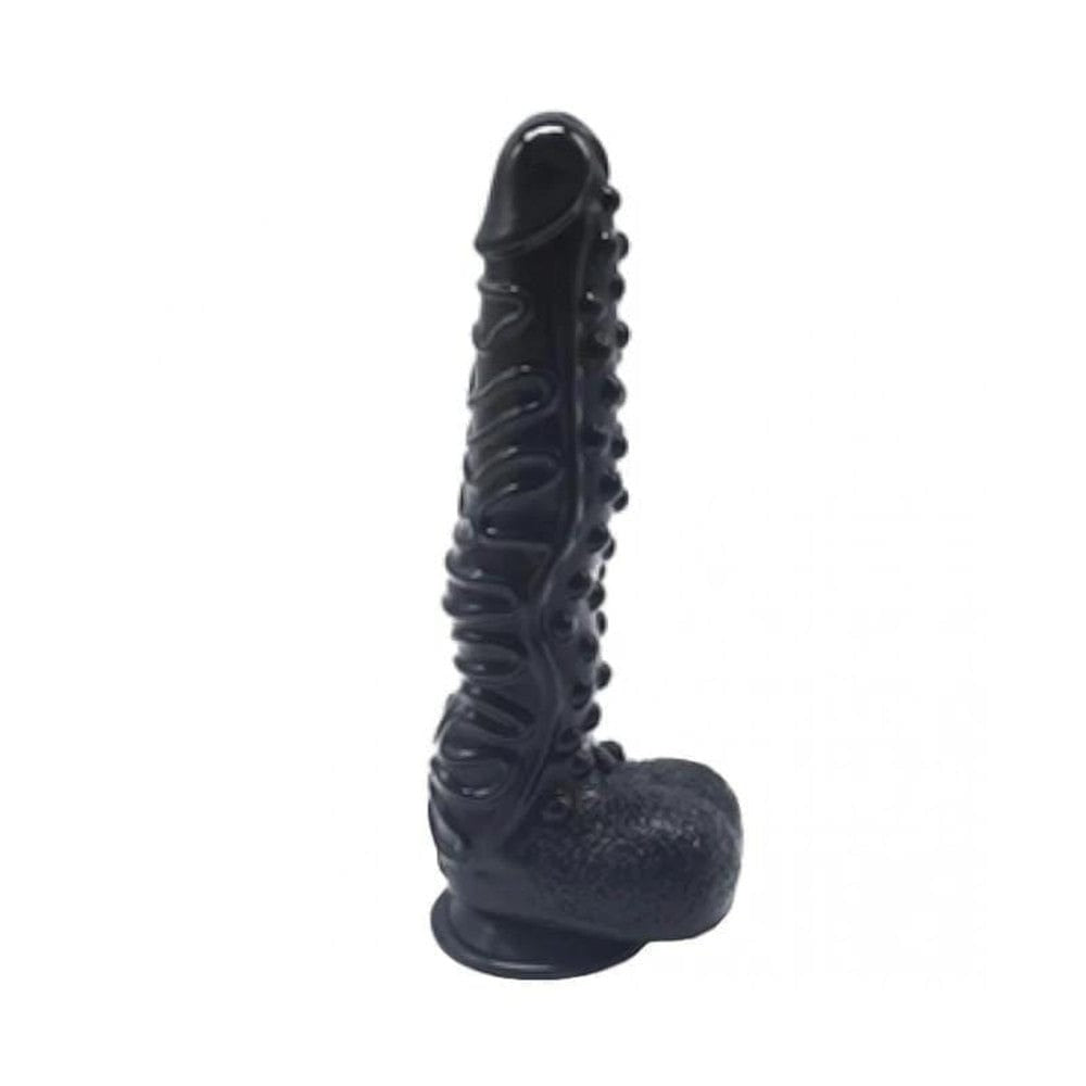 Pictured here is an image of the 10 inch textured dildo with a sturdy suction cup for hands-free enjoyment.