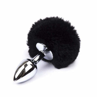 Stainless steel plug with a white faux fur bunny tail, a playful accessory for intimate play.