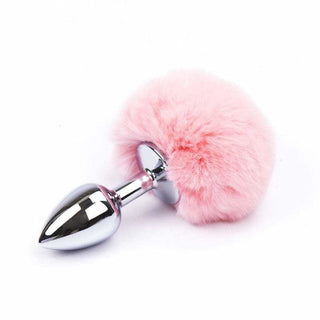 3 Bunny Tail Plug Stainless Steel featuring a sleek silver plug and a pink faux fur tail.