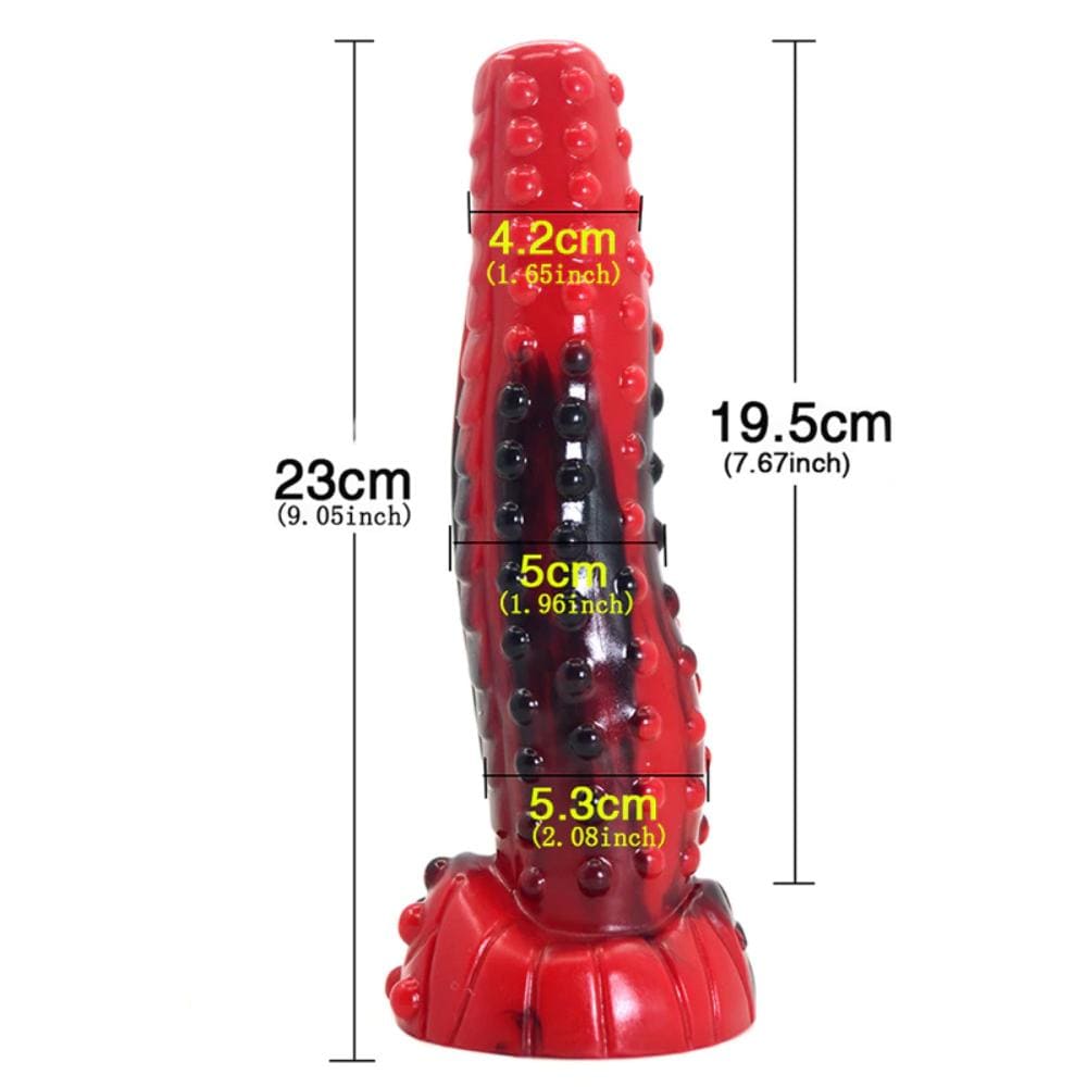 Image of Ferocious Red Animal Knotted Sex Toy - A donkey dildo in lava red and black, 11.81 inches total length with 10.6 inches insertable length.