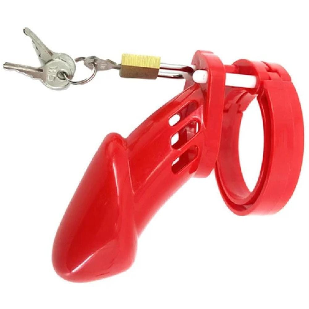 Displaying an image of a red plastic chastity device with multiple ring sizes