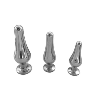Here is an image of Cute Pear-Shaped Steel Jeweled 3pcs Training Kit highlighting the different dimensions of the plugs for various levels of stimulation and pleasure.