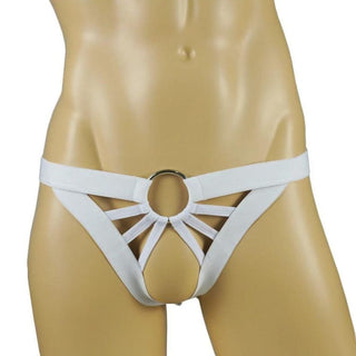 This is an image of the Crotchless Ring Harness in white color made of nylon and spandex.