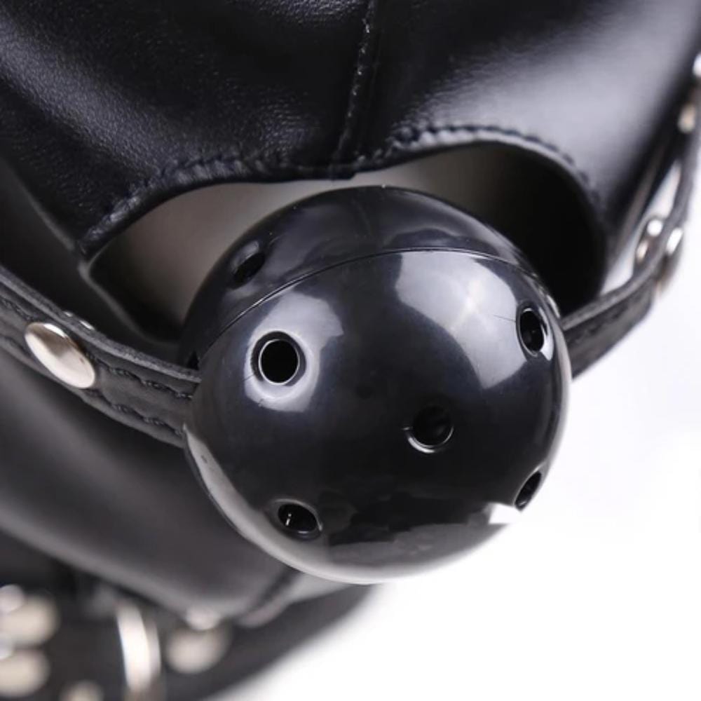 Observe an image of Leather Sensory Deprivation Bondage Mask, featuring a gag for enhanced surrender.