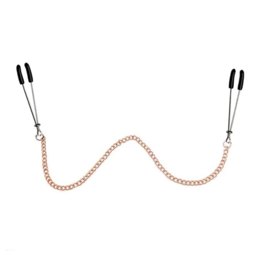Displaying an image of Gold Chained Tweezer Nipple Clamps with an elegant design for a luxurious experience.