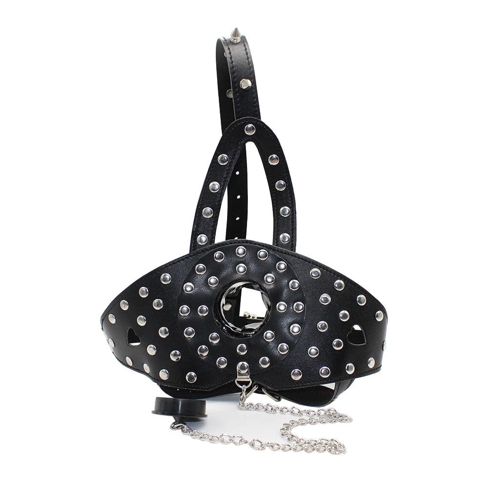 Presenting an image of the Studded Gothic Face Muzzle in red and black options for setting the mood.