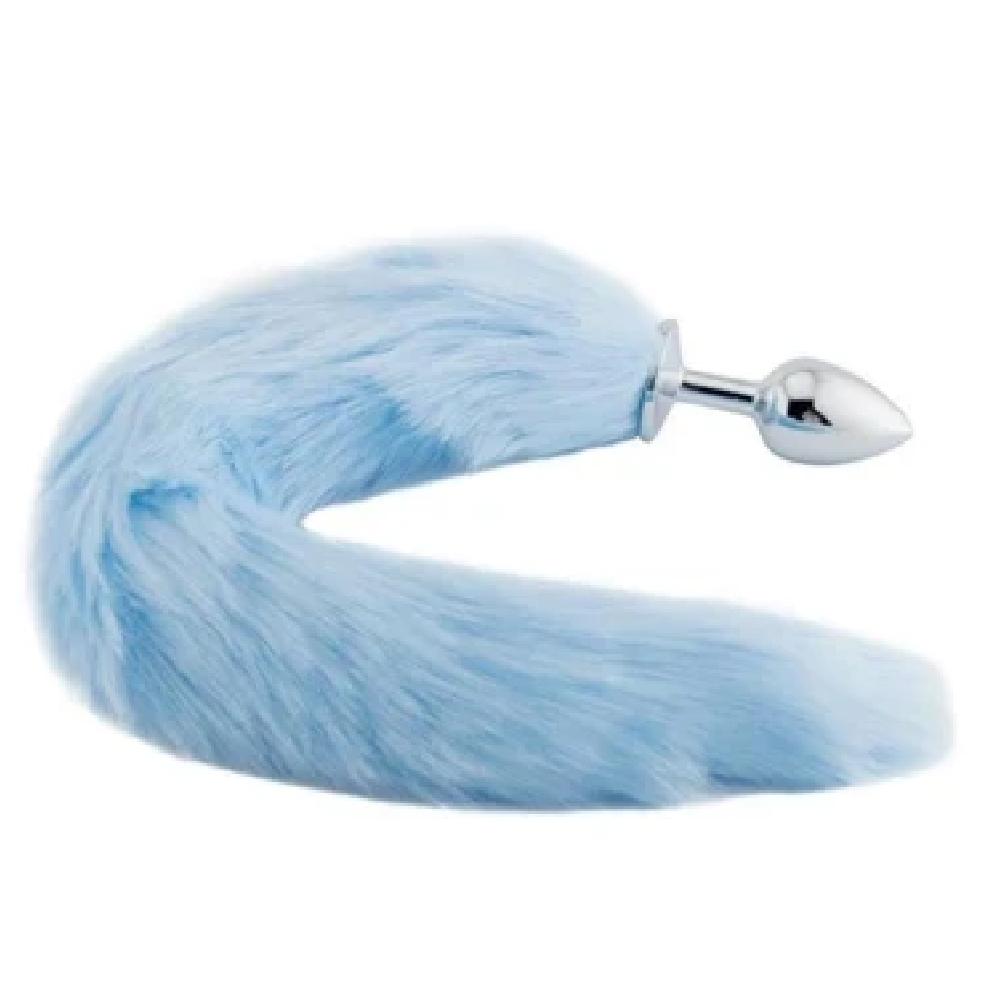 In the photograph, you can see an image of Flirty Fox Tail Cat Tail 16 Inches Long Plug showcasing a white cat tail and a high-quality stainless steel plug.