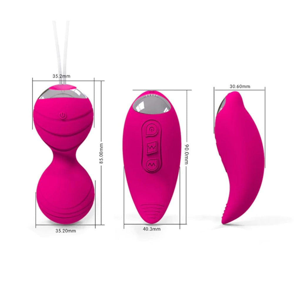 Displaying an image of the 3.54-inch long and 1.59-inch wide remote control for 10-speed Rechargeable Vibrating Kegel Balls.