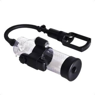 Here is an image of Bigger Erections Vibrating Penis Enlarger Extender Vacuum Pump with transparent tube and black pump.