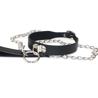 This is an image of Submissive Slave for Life Male Choker For Petplay BDSM Collar Leather Jewelry, featuring a black collar and silver chains for control and submission play.