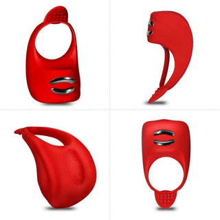 Featuring an image of Electro Stimulating Red Ring emphasizing its waterproof and rechargeable features.