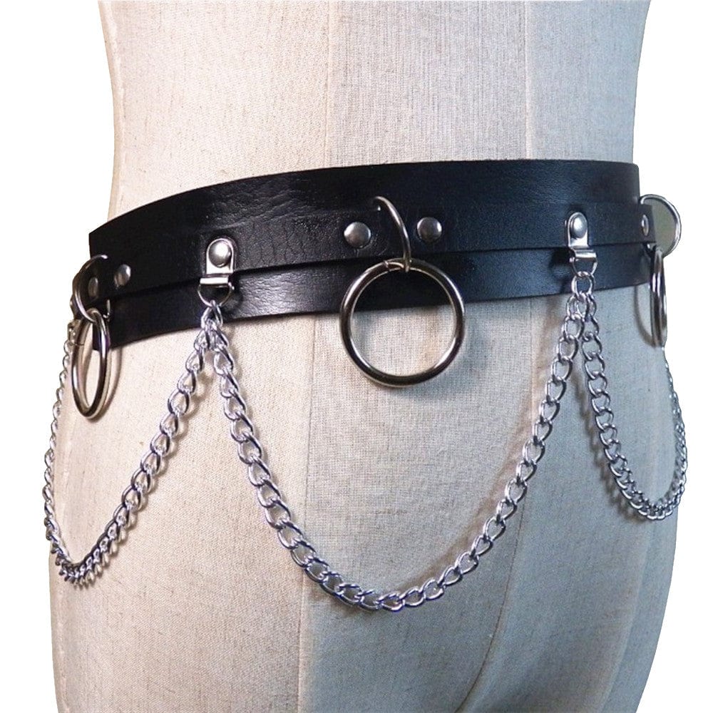 Featuring an image of the Leather Chains BDSM Belt Strap designed to accentuate curves and add a daring edge to any outfit.
