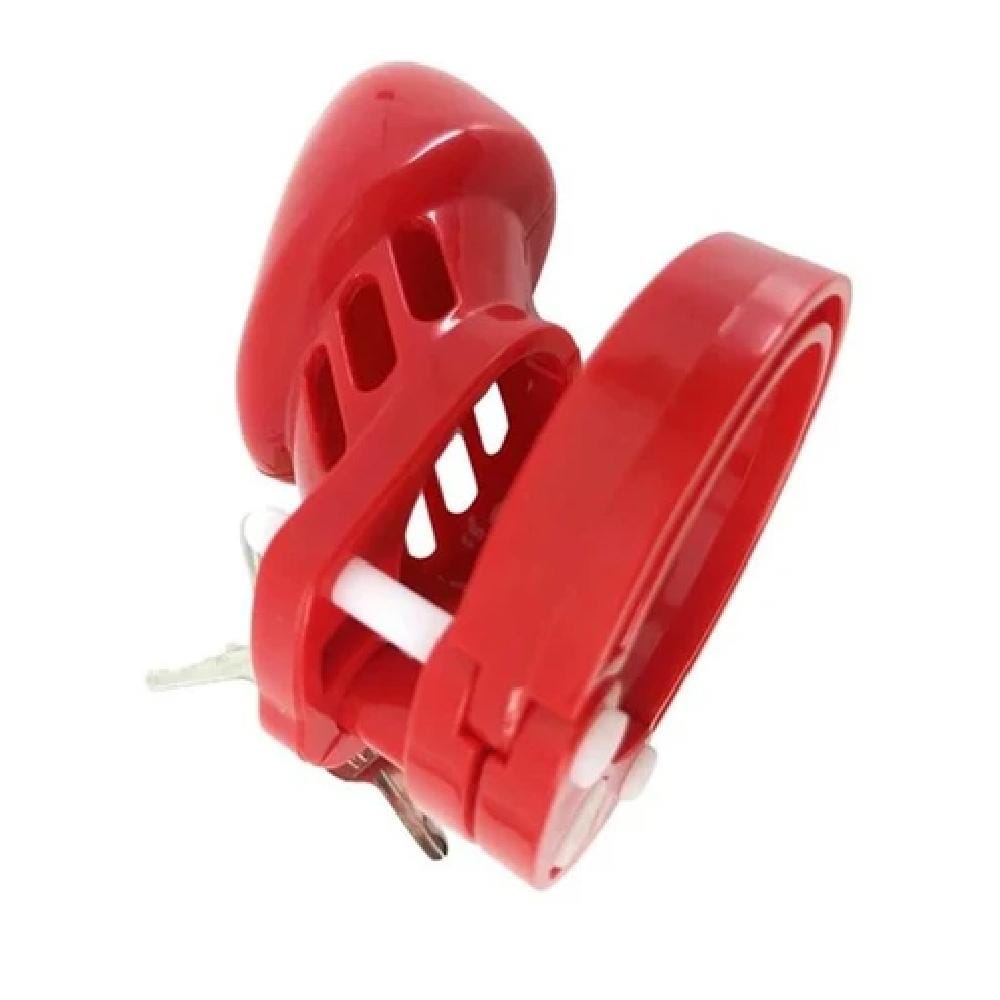 This is an image of a red plastic chastity cage for enhancing intimate play