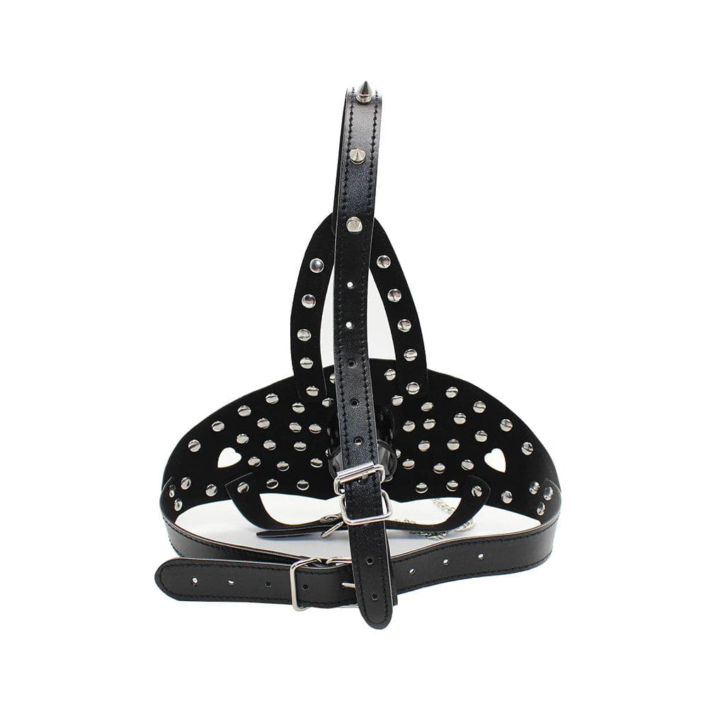 Studded Gothic Face Muzzle made from synthetic leather and stainless steel materials for a thrilling experience.