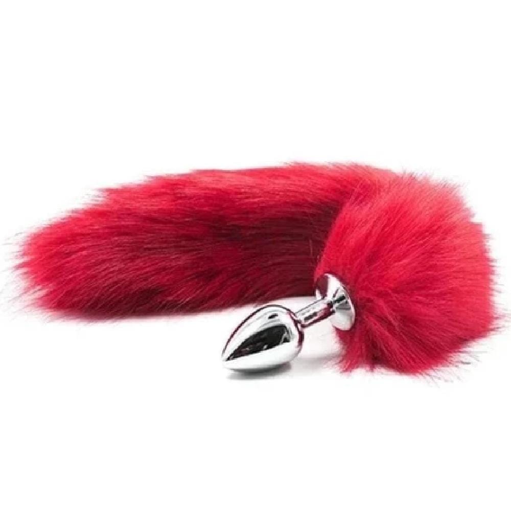 A picture of Seductive Fox Tail Plug 17 Inches Long displaying a rose red faux fur tail.