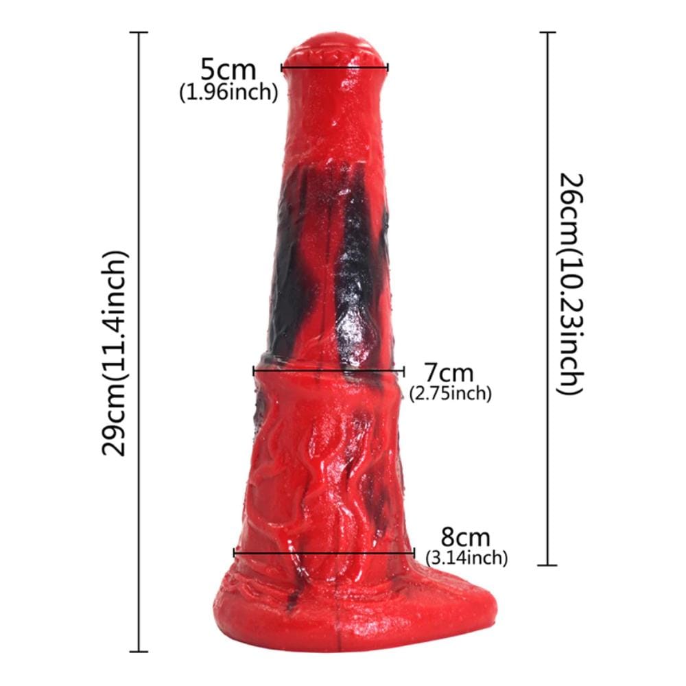 Image of Ferocious Red Animal Knotted Sex Toy - A rhinoceros dildo in lava red and black, 8.86 inches total length with 7.09 inches insertable length.