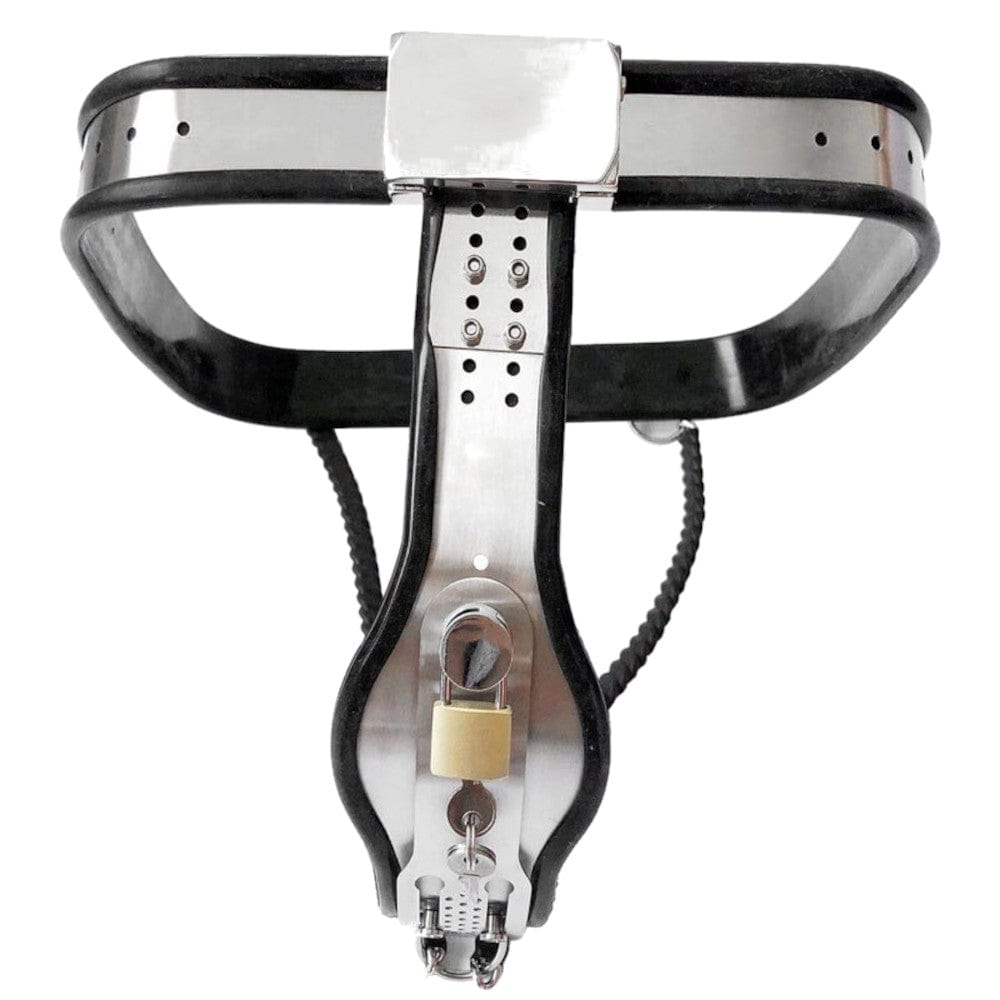 Observe an image of the stainless steel and silicone construction of a Female Masturbation Prevention Permanent Chastity Belt.
