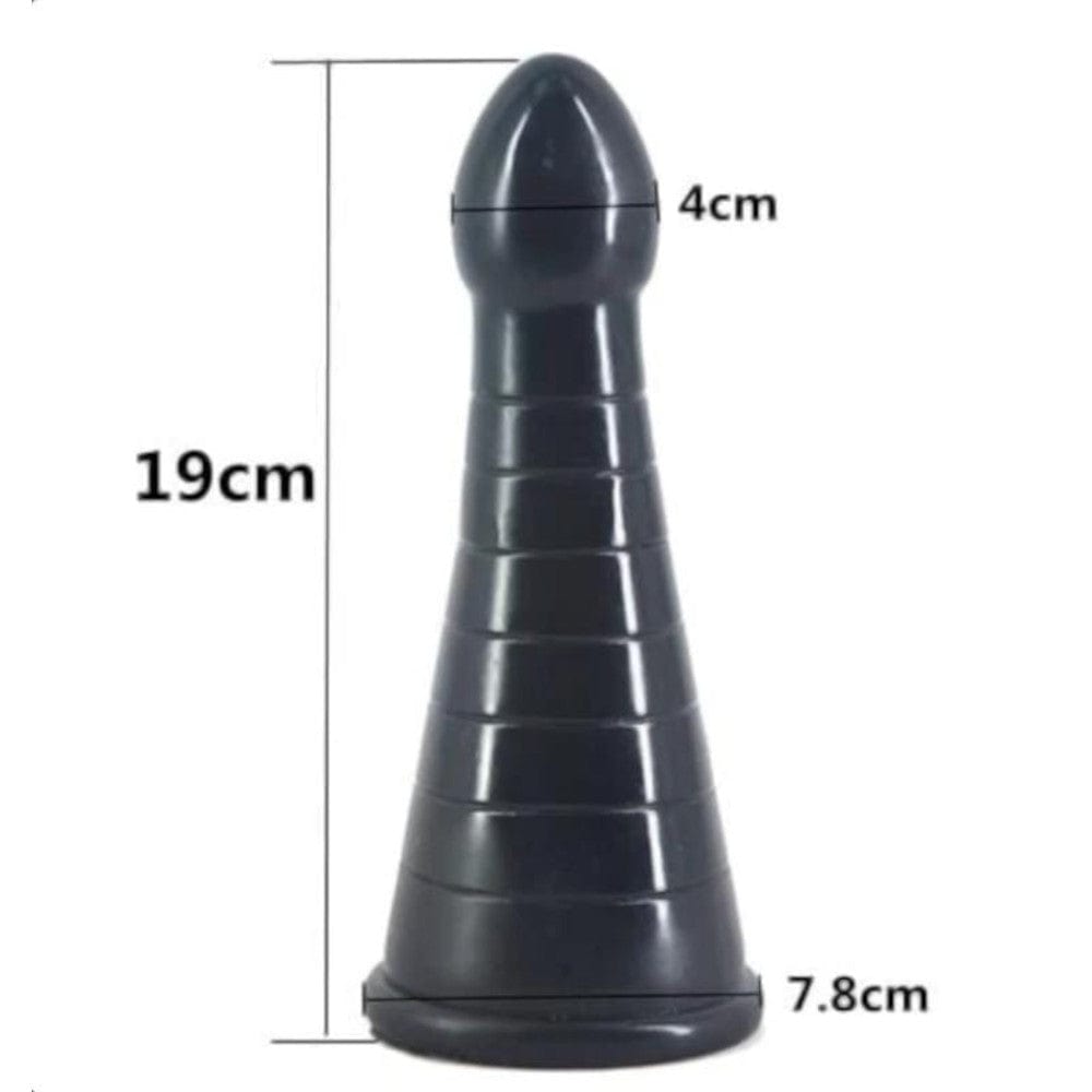 This image displays the Big Bad Cone-Shaped Anal Plug, a cone-shaped dildo with a tapered bulb tip, smooth ribbed body, and a strong suction cup base for hands-free pleasure.